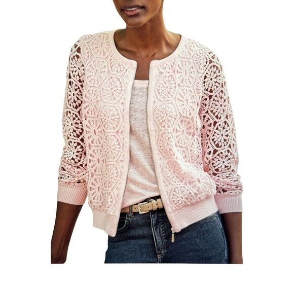 Pure Collection Lace Zip Cardigan, Soft Pink - Picture 1 of 7